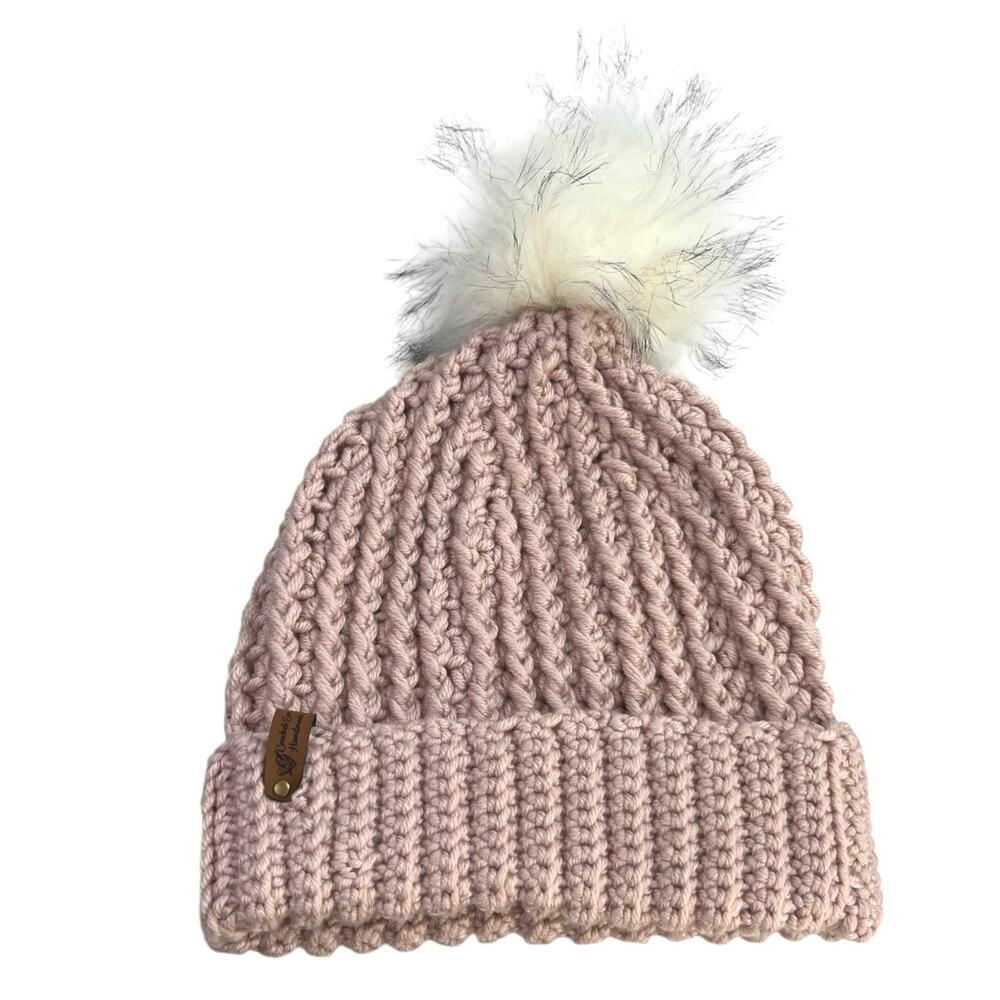 Women's Pink Crochet Ribbed Knit Handmade Detachable Pom Pom Beanie Hat One Size